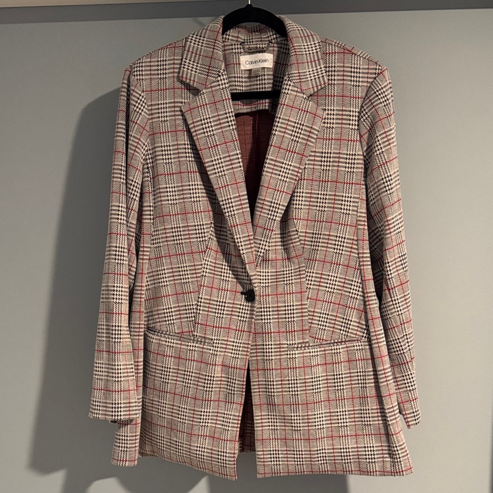 NWOT Calvin Klein 1X Women's Checkered Blazer - Red and Gray